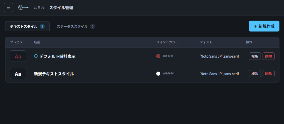 スタイル一覧。テキスト／ステータスのタブ